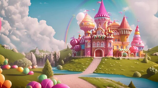 castle in fairy tale fairyland with majestic palace lots of rainbows, rivers, cartoon animation video background