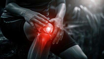 An athlete in a moment of pain, clutching a glowing knee, the strain of physical exertion etched in...
