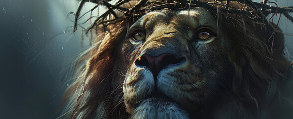 Lion with a crown of thorns. Jesus, the Lion - obrazy, fototapety, plakaty