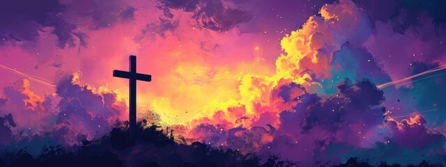 Fototapeta na wymiar Christian cross in the sky. Easter holiday background. Illustration.