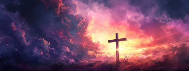 Fototapeta na wymiar Cross of Jesus Christ on sunset sky background. Christian religion concept.