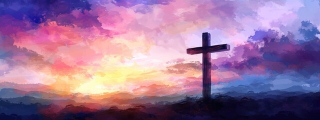 Cross of Jesus Christ at sunset. Easter background. Illustration. - obrazy, fototapety, plakaty