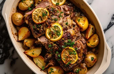 Fototapete Rund Easter. Roasted lamb with potatoes and herbs in a baking dish, top view © Faith Stock