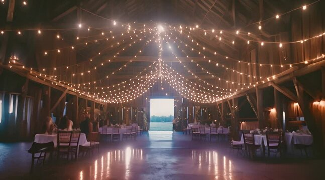 Indoor wedding with string lights to celebrate the wedding in a rustic setting, video animation