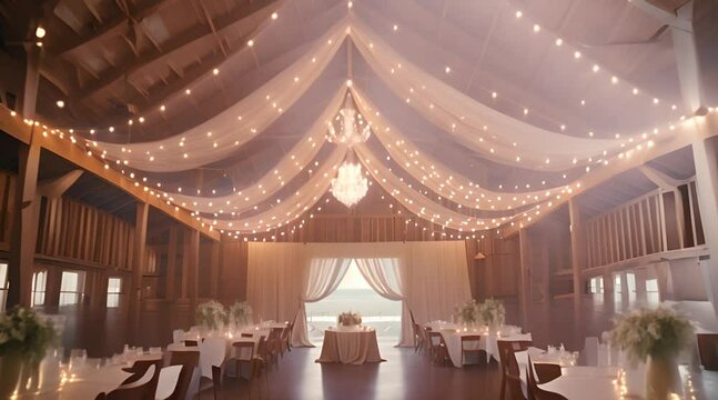 Indoor wedding with string lights to celebrate the wedding in a rustic setting, video animation