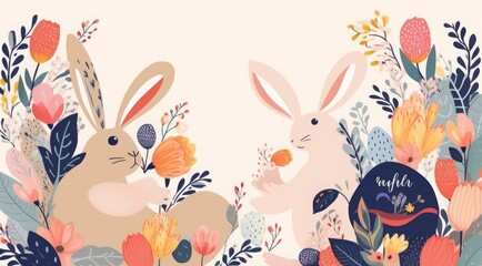 Beautiful  spring illustration with bunny, flowers, floral bouquets, flower compositions, Generative AI 