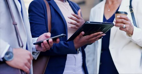 Hands, business people and smartphone with tablet in city, communication and social media, online map for travel and email. Discussion, post or update with navigation, mobile app and connectivity