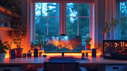 Illuminated Gaming Setup with Forest Wallpaper, An atmospheric gaming station with vibrant forest wallpaper, ambient lighting, and advanced gaming equipment
