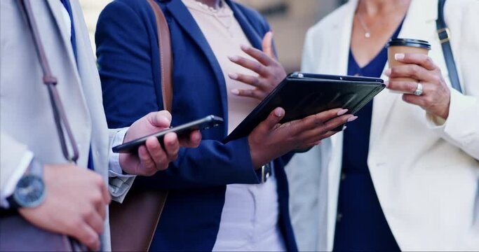 Hands, business people and smartphone with tablet in city, communication and social media, online map for travel and email. Discussion, post or update with navigation, mobile app and connectivity