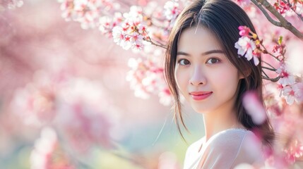 Fototapeta premium Portrait of beautiful woman between cherry trees in full blossom
