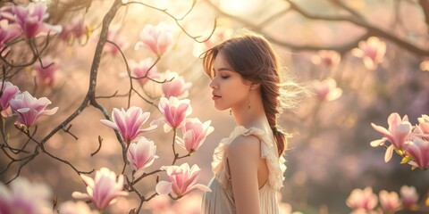 Fototapeta premium Beautiful young woman in light dress walking in the magnolia garden in full blossom