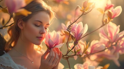 Portrait of young woman with closed eyes smells magnolia flowers in full blossom, illustrates perfection and softness of her face skin - obrazy, fototapety, plakaty