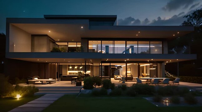Modern house with garden at night, aesthetic view