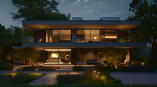 Modern house with garden at night, aesthetic view