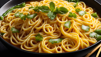 yellow noodles drenched in soup float deliciously on a black background.
