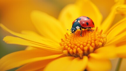 Fototapeta premium Ladybug crawling on bright yellow flower
