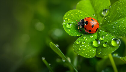 Ladybug on Fresh Green Four-Leaf Clover with Dew
