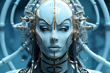 portrait of an android cyber woman, biomechanical cyborg, retro futuristic white plastic face, helmet from wires and sensors, white color