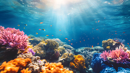 Naklejka na ściany i meble Colorful Underwater Scene with Sunbeams and Corals