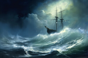 Obraz premium the sailboat sails through a stormy sea, a dark dramatic sky with gloomy clouds