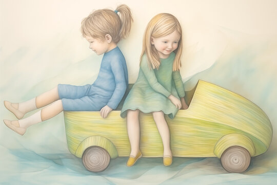 Cute illustration of little girls playing with toy car.