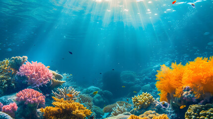 Naklejka na ściany i meble Stunning Coral Reef with Sunbeams and Marine Diversity