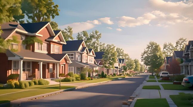 Street of suburban houses, modern city of the future