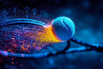 Abstract sports themed background. The tennis ball hits the racket and flies to the side, splashing neon particles - obrazy, fototapety, plakaty