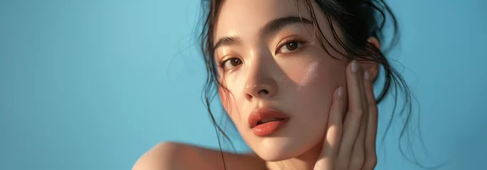 Foto op Canvas Asian girl with beautiful face smiling with natural makeup, touching glowing moisturized skin, image with space for text. Created with Generative Ai technology. © Viktor