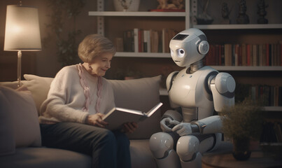 An elderly woman enjoys afternoon and reads a novel to her robotic assistant. Concept of the future and elderly care. A lady and her Robot spend a quiet evening together, reading and conversing.  - obrazy, fototapety, plakaty
