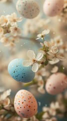 Fototapeta na wymiar pastel color Easter eggs flying with spring flowers, spring vibes