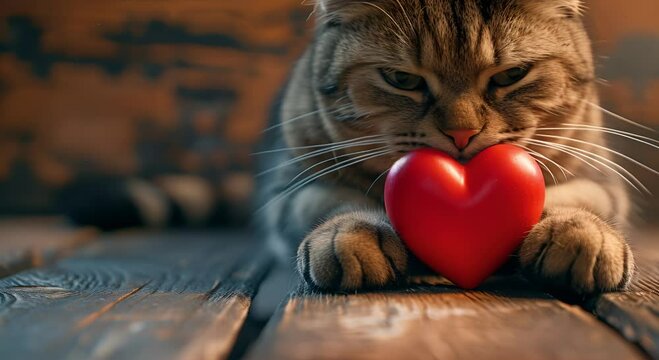 cat hugging a red love heart
