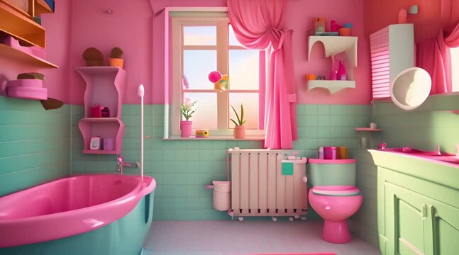 3D cartoon pink bathroom moving animation