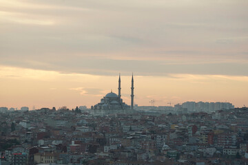 istanbul aerial cityscape at sunset from galata tower Suleymaniye Mosque