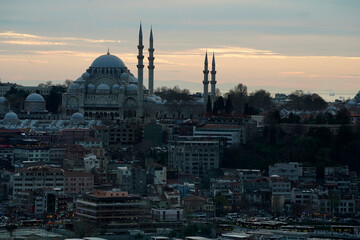 istanbul aerial cityscape at sunset from galata tower Suleymaniye Mosque