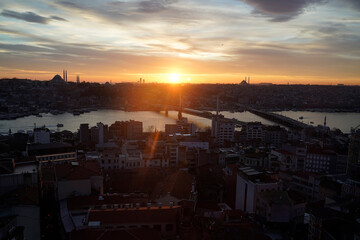 istanbul aerial cityscape at sunset from galata tower bridge and sultanahmet