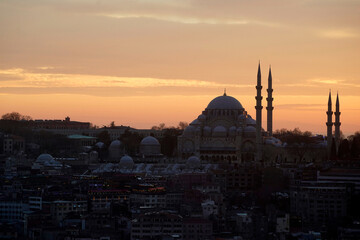 istanbul aerial cityscape at sunset from galata tower Suleymaniye Mosque