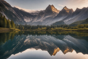 Fototapeta premium A serene mountain lake reflecting the surrounding peaks