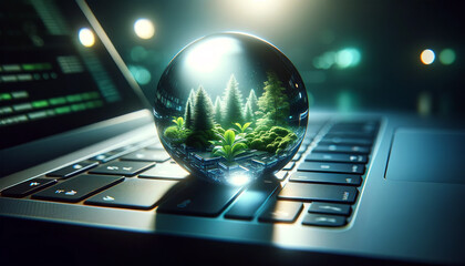 A glass sphere on a laptop keyboard reflects a lush forest scene, symbolizing the union of technology and nature or digital environmental protection. Environmental protection concept. AI generated. - obrazy, fototapety, plakaty