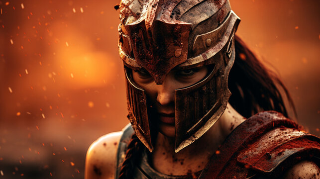 photo , detailed , focus , ladies spartan close up body , burning background , Generate AI