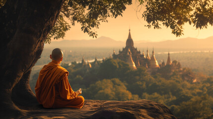 Buddhist monk meditating to reach Enlightenment in beautiful Myanmar nature temple setting - obrazy, fototapety, plakaty