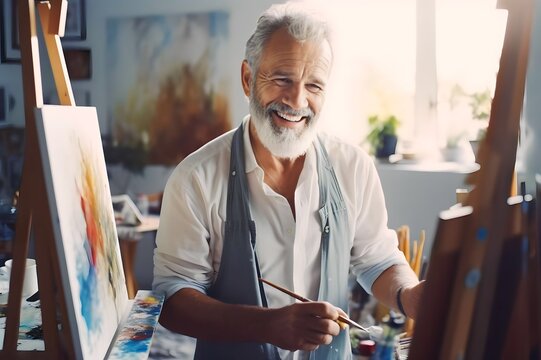 mature old man practicing painting