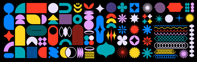 Brutalist geometric colorful shapes circles, style primitive collection, floralpunk album covers, symbolic figures abstract shapes stripes and simple shapes, vector spirals and curves illustration