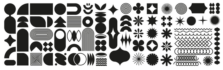 Brutalist set abstract geometric primitive shapes and grids. aesthetic contemporary figure circle triangle square star oval line spiral simple elements. vector illustration modern Bauhaus memphis 