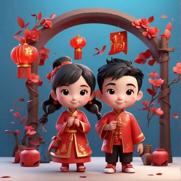 3D characters of boys and girls wearing traditional Chinese clothes, happy Chinese New Year