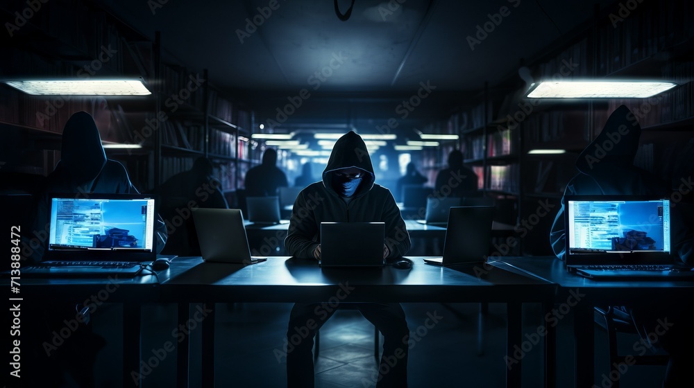 Aufkleber Man hacker putting on a hoodie and headphones sitting in front of multiple computer screens. Cybercrime, illegal actions