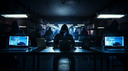Man hacker putting on a hoodie and headphones sitting in front of multiple computer screens....