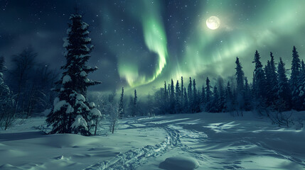 Moonlit Snow Sparkling Under Aurora