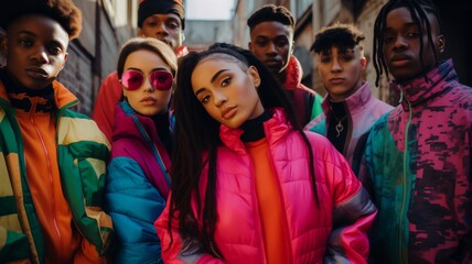 Retro fashion trends group of youth in a 90s and 200s inspired style. Diversity 90s fashion trend