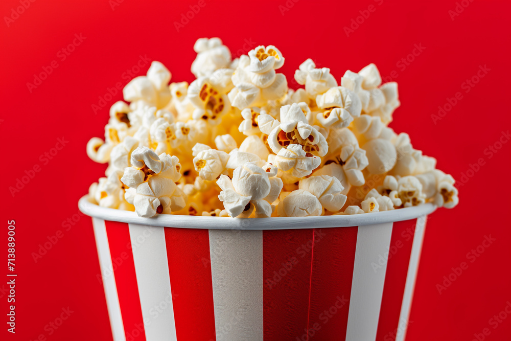 Poster striped box with popcorn. paper striped bucket with popcorn. striped box with popcorn on red backgro